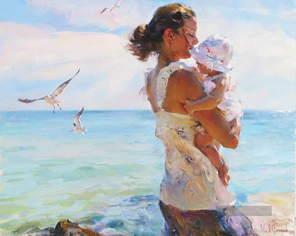 Mutter und Kind am Strand Möwen 44 Impressionist Ölgemälde